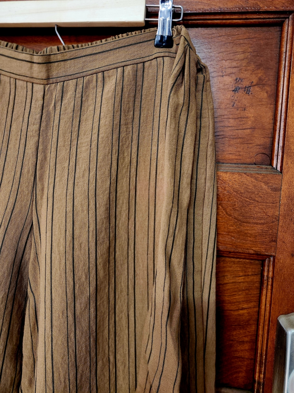 Calvin Klein Striped Wide-Leg Trousers in Camel with Black Pinstripes